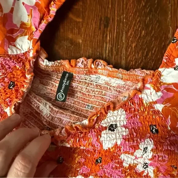 Orange & Pink Floral Print Dress Off the Shoulder - Picture 2 of 6